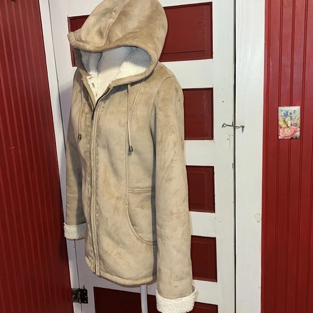 Vintage P.A. Originals Cozy Tan Hooded Serpa Lined Faux Suede Jacket Large